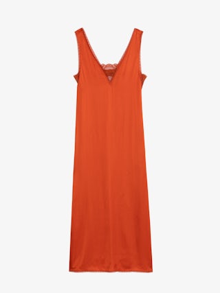 Kleid Renzo Satin - Langes Kleid aus Viskose-Satin im Lingerie-Stil mit französischer Spitze.