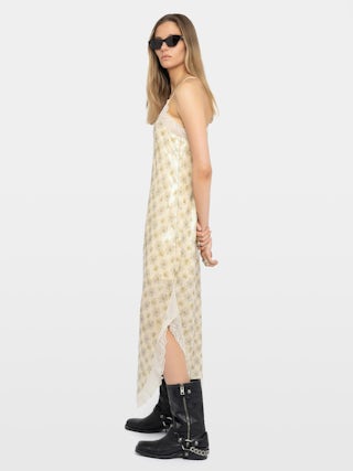 Dress Ristyl - Lingerie-inspired long dress with printed sequins and adjustable straps.