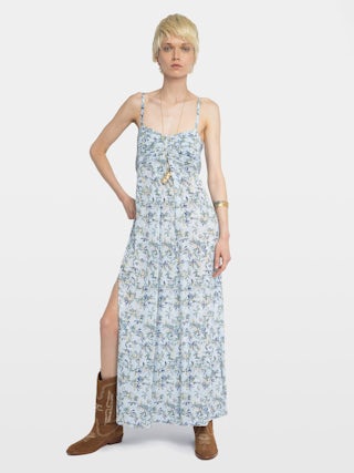 Robe Rippie - Robe longue en viscose imprimé, bretelles ajustables et bustier plissé.