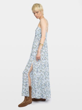 Robe Rippie - Robe longue en viscose imprimé, bretelles ajustables et bustier plissé.
