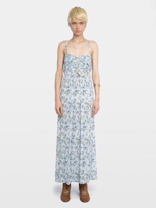 Robe Rippie - Robe longue en viscose imprimé, bretelles ajustables et bustier plissé.