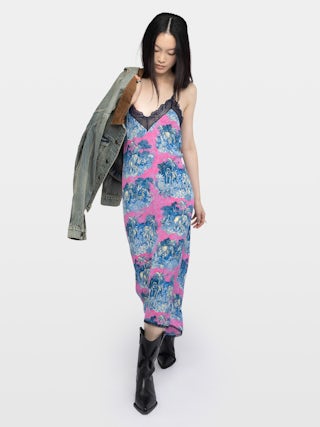 Kleid Risty - Midi-Kleid im Lingerie-Stil aus bedruckter Viskose mit exklusiver französischer Spitze.