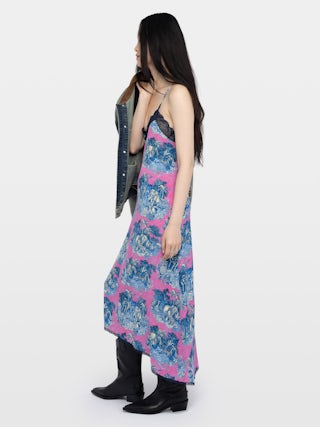 Kleid Risty - Midi-Kleid im Lingerie-Stil aus bedruckter Viskose mit exklusiver französischer Spitze.