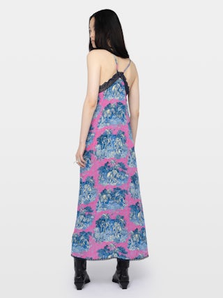 Kleid Risty - Midi-Kleid im Lingerie-Stil aus bedruckter Viskose mit exklusiver französischer Spitze.