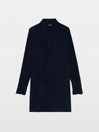 Kleid Rhelyne - Kurzes Hemdkleid mit langen Ärmeln, Knopfverschluss und Jabot.