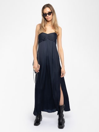 Kleid Rippie Satin - Langes Kleid im Lingerie-Stil aus japanischem Satin mit verstellbaren Trägern und plissiertem Bustier.