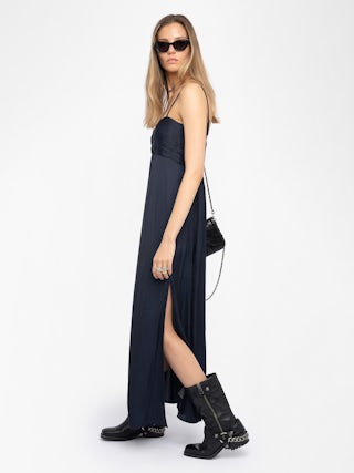 Kleid Rippie Satin - Langes Kleid im Lingerie-Stil aus japanischem Satin mit verstellbaren Trägern und plissiertem Bustier.