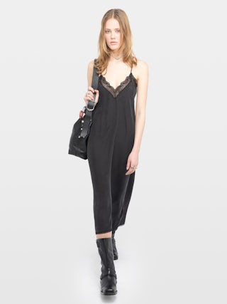 Dress Risty 100% Silk - Lingerie-inspired midi dress in washed habotai silk with adjustable straps and exclusive French lace.