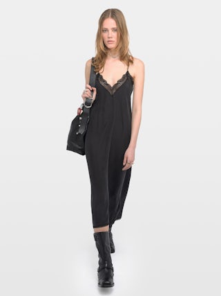 Dress Risty 100% Silk - Lingerie-inspired midi dress in washed habotai silk with adjustable straps and exclusive French lace.