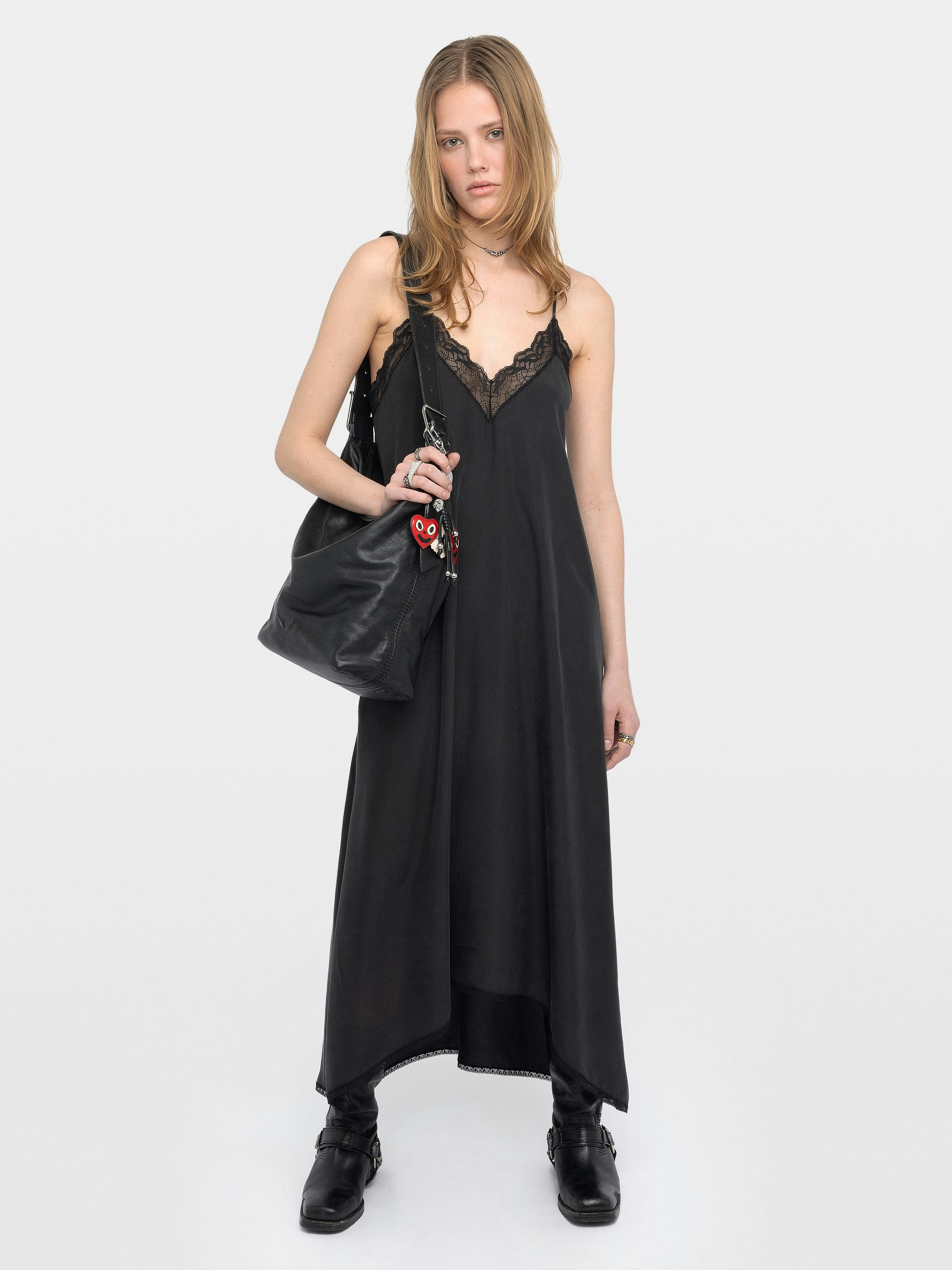 Risty Silk Dress - Lingerie-inspired midi dress in washed habotai silk with adjustable straps and exclusive French lace.