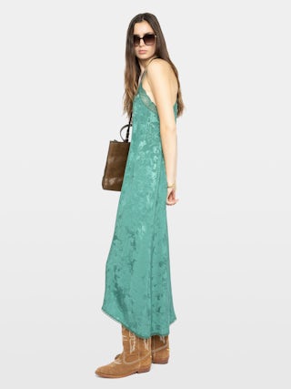 Dress Risty 100% Silk - Mid-length lingerie-inspired dress in horses jacquard silk with adjustable straps and exclusive French lace.