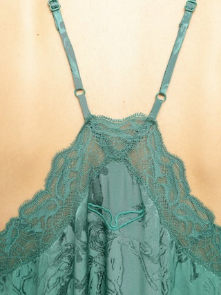 Dress Risty 100% Silk - Mid-length lingerie-inspired dress in horses jacquard silk with adjustable straps and exclusive French lace.