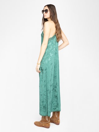 Dress Risty 100% Silk - Mid-length lingerie-inspired dress in horses jacquard silk with adjustable straps and exclusive French lace.