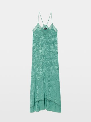 Dress Risty 100% Silk - Mid-length lingerie-inspired dress in horses jacquard silk with adjustable straps and exclusive French lace.