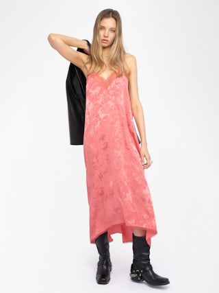 Dress Risty 100% Silk - Midi-length lingerie-inspired dress in horses jacquard silk with adjustable straps and exclusive French lace.