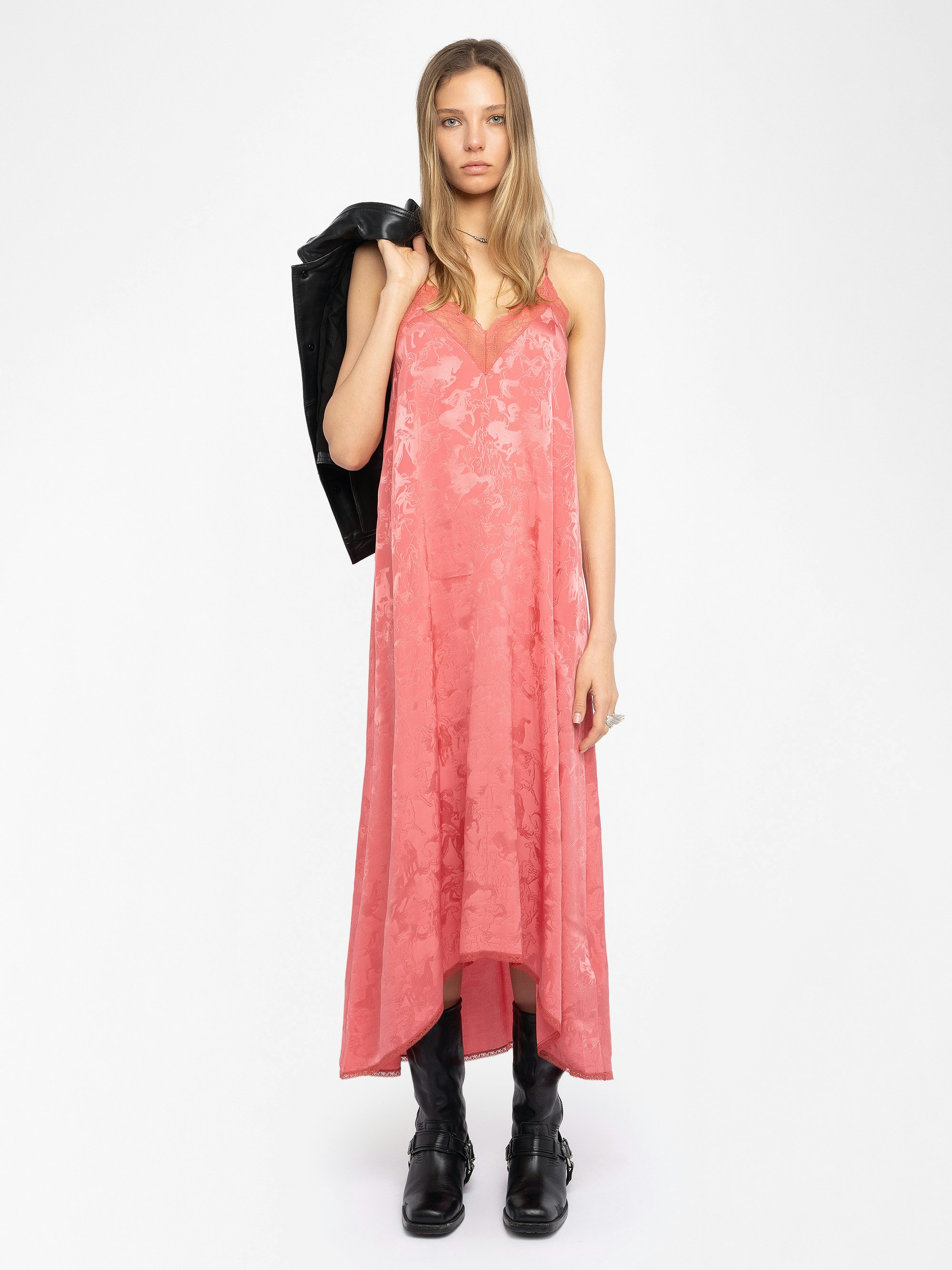 Abito Risty 100% Seta - Abito midi d’ispirazione lingerie in seta jacquard horses con spalline regolabili e pizzo francese esclusivo.