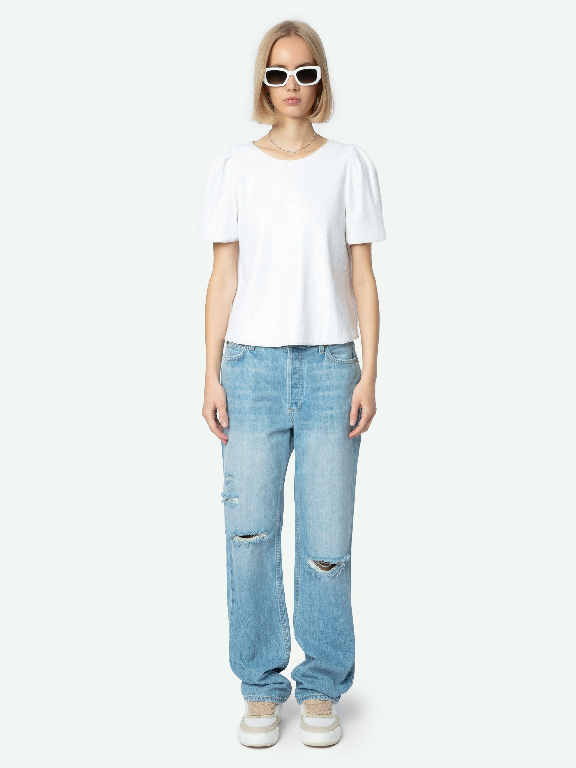 Stevie Ripped 90's Jeans - Women's straight leg light wash jeans.