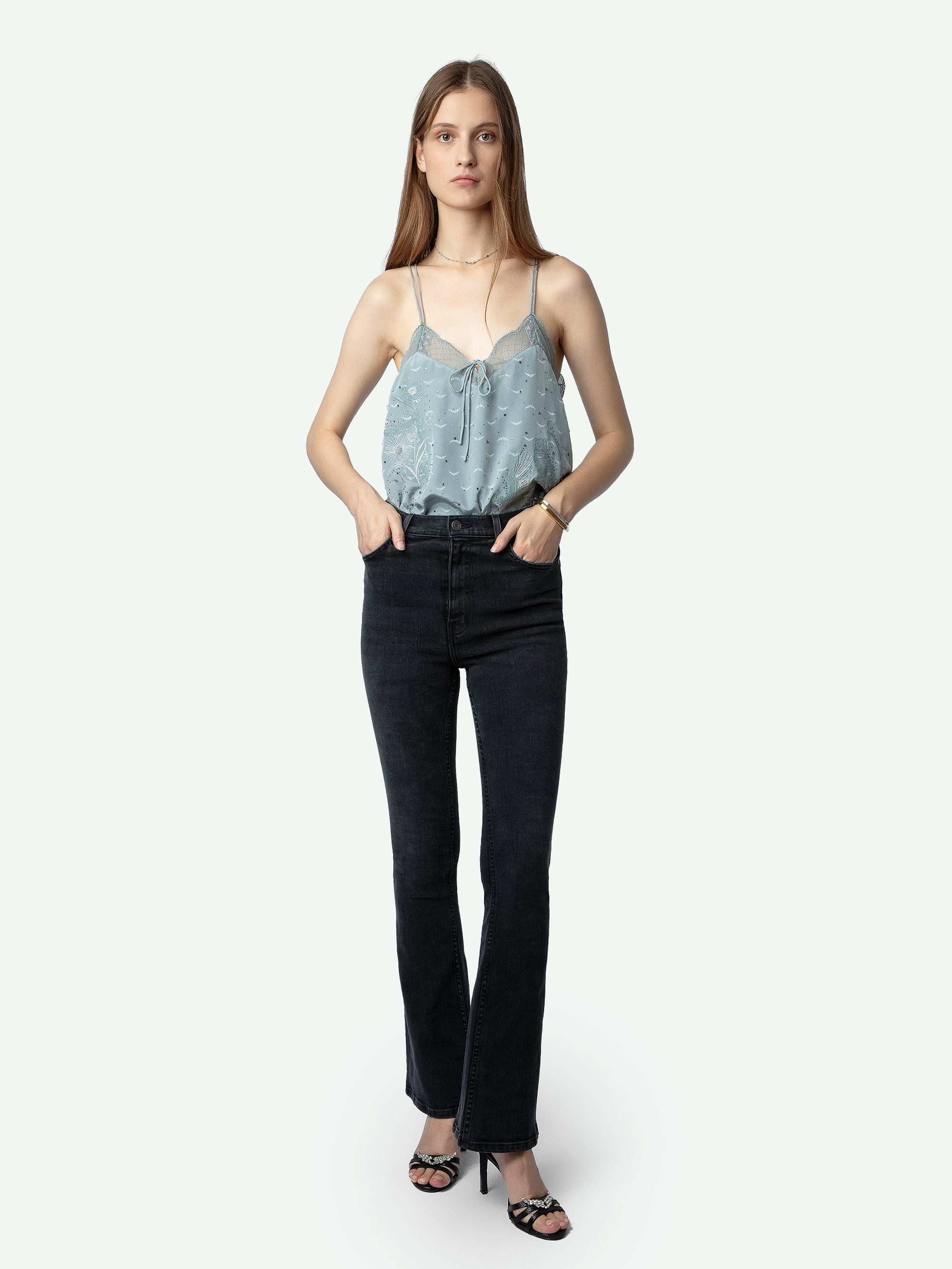 Joplin Jeans - Women's washed black high rise flared jeans.