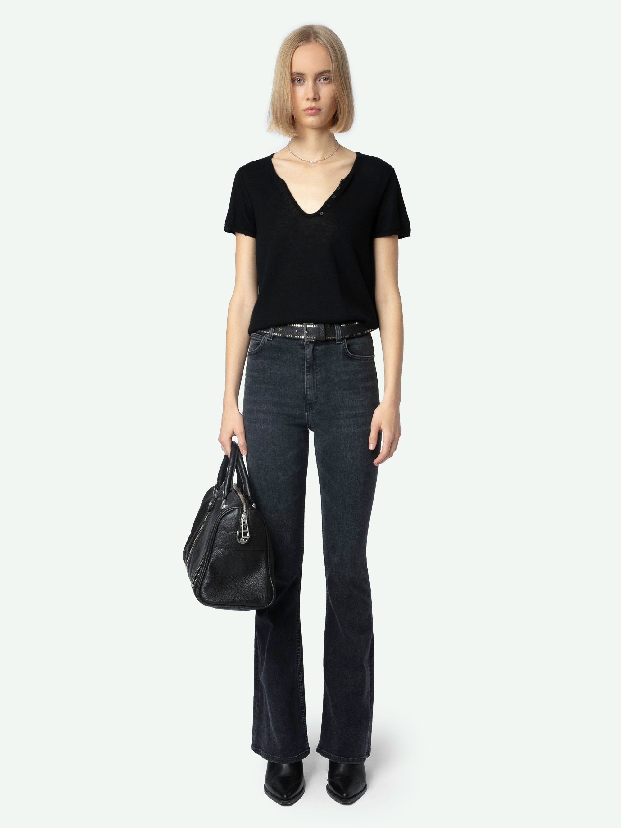 Joplin Jeans - Women's washed black high rise flared jeans.