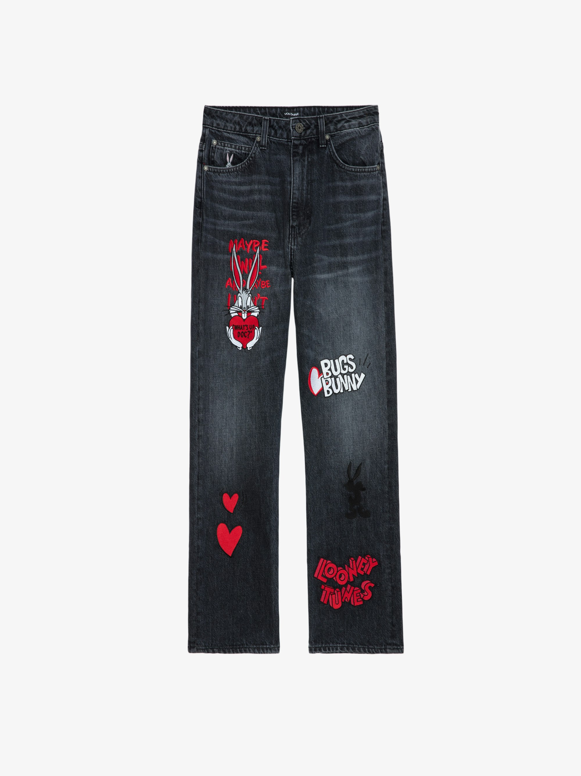 Patti Patch Jeans - Faded black denim cropped jeans with Looney Tunes patches.