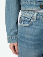 Whitney Wide Leg Patch Jeans - Women's wide leg medium wash jeans with Sylvester & Buggs Bunny patches.