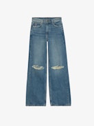 Whitney Wide Leg Patch Jeans - Women's wide leg medium wash jeans with Sylvester & Buggs Bunny patches.