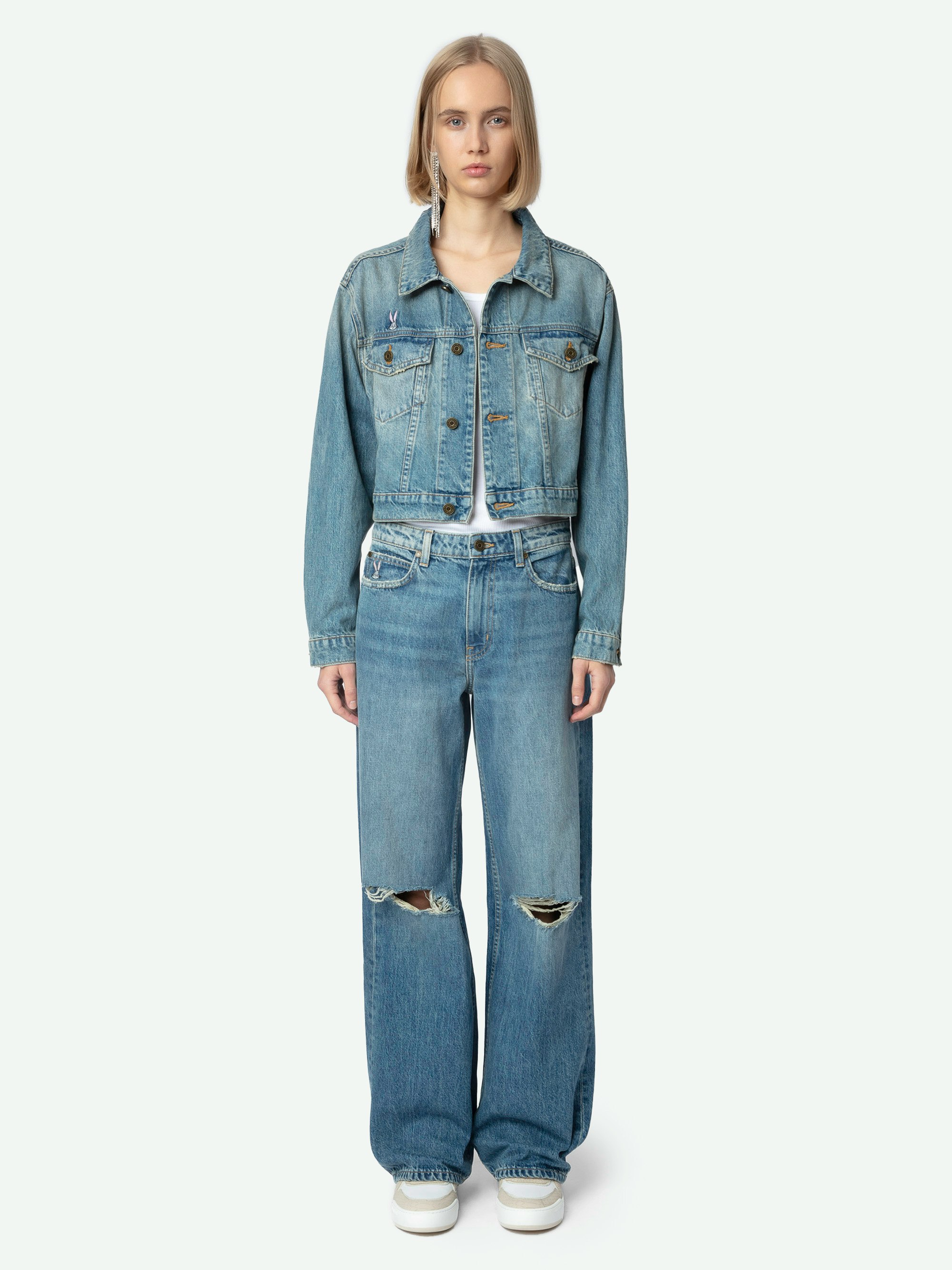 Whitney Wide Leg Patch Jeans - Women's wide leg medium wash jeans with Sylvester & Buggs Bunny patches.