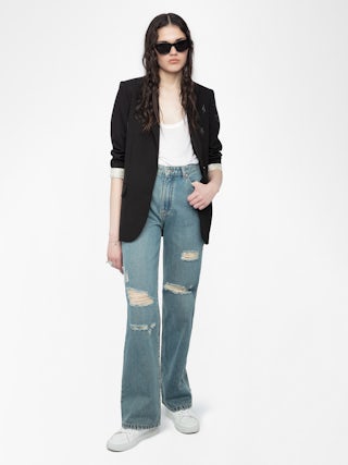 Elio Distressed Straight Leg Jeans - Effortless, timeless, undeniably cool. The Elio distressed straight leg jeans channel vintage inspiration with authentic French denim craftsmanship. These distressed straight leg jeans feature a perfectly lived-in wash and subtle embroidered heart that adds romantic rebellion to your look. Designed to move with you, they're the perfect blend of comfort and rock 'n' roll attitude. Wear them your way—raw, rolled, or undone.