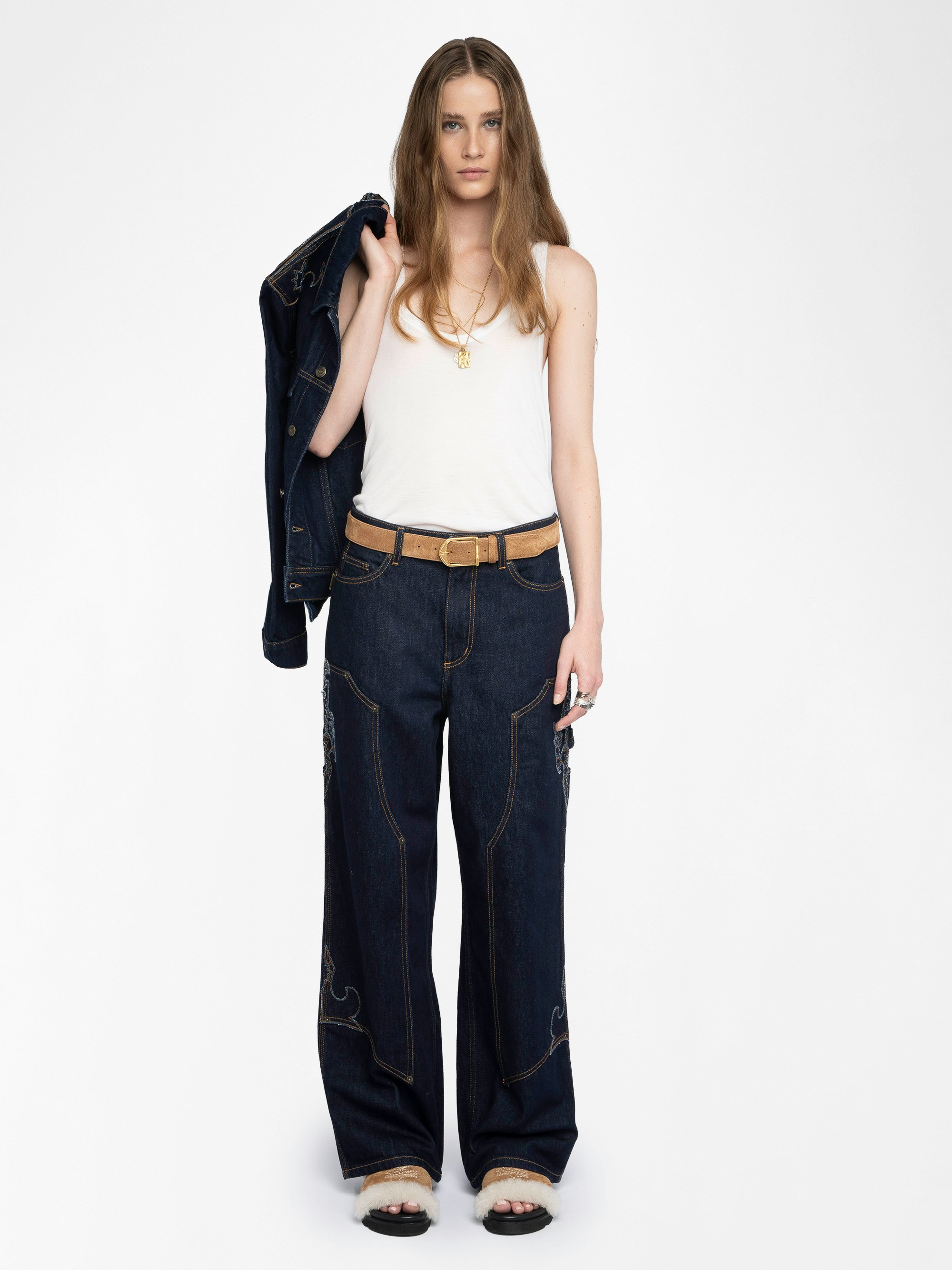 Jean Perya - Jeans dritti taglio ampio con inserti, tasche multiple.