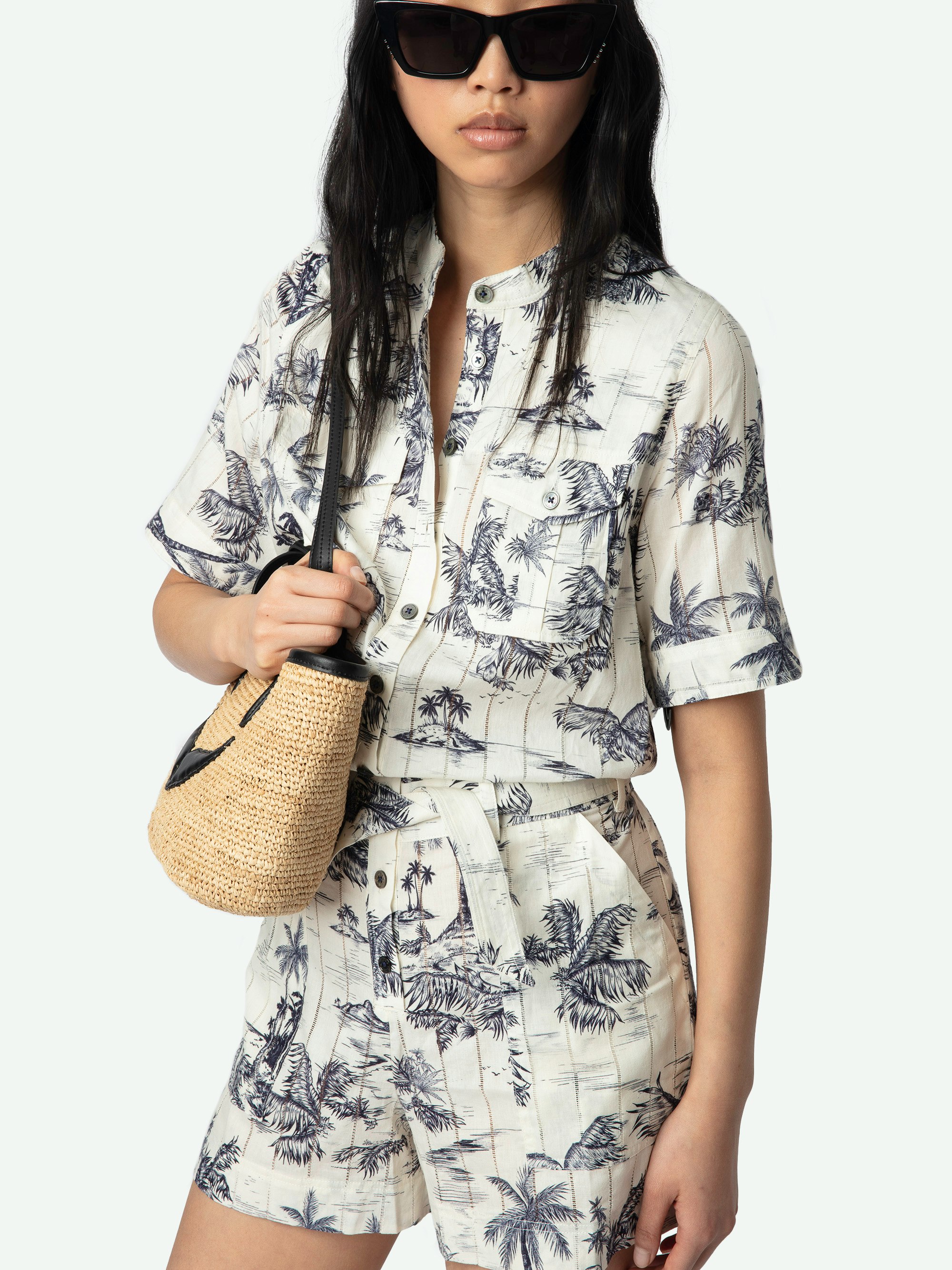 Cook Jumpsuit - Short safari-style jumpsuit in printed cotton, short sleeves and waist belt.