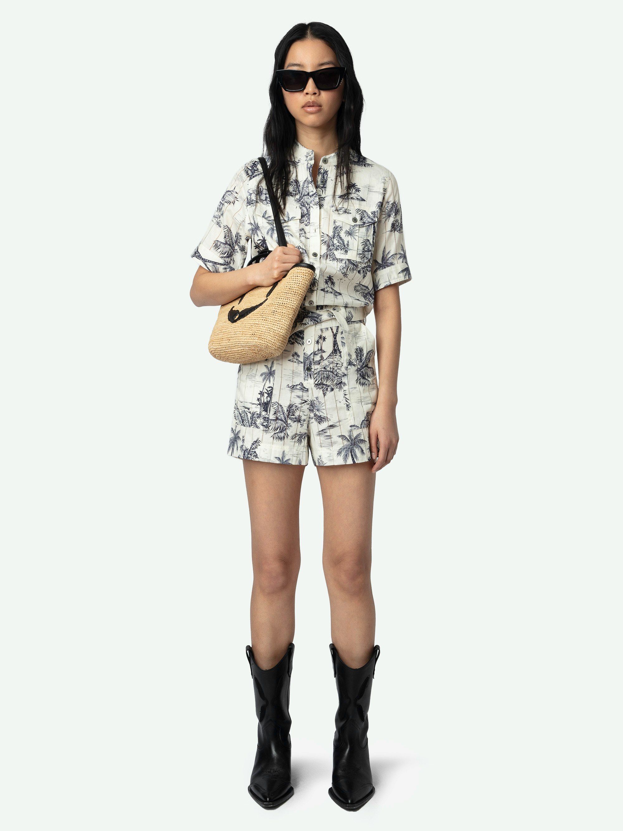 Cook Jumpsuit - Short safari-style jumpsuit in printed cotton, short sleeves and waist belt.