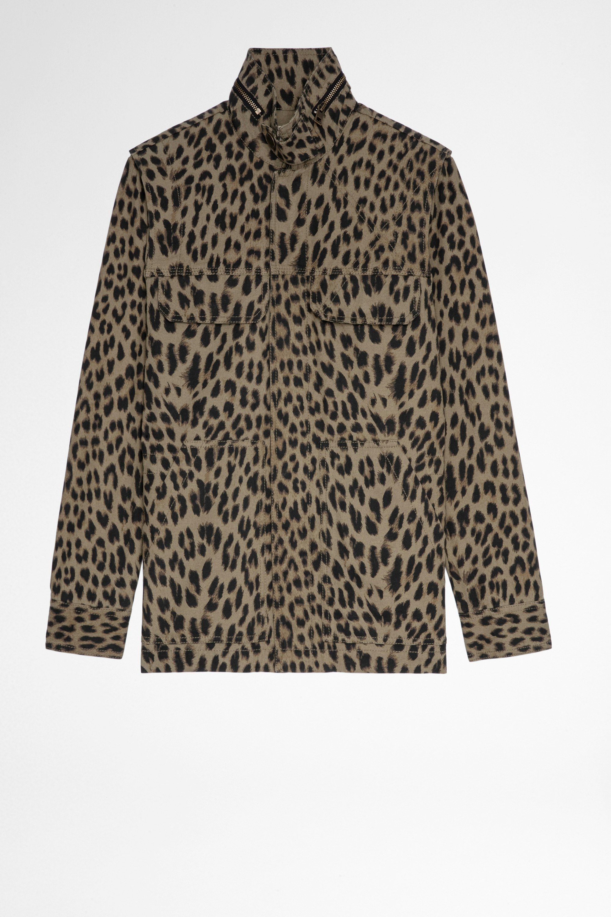 Jacke Kayaka Leopard Damenjacke aus khakifarbener Baumwolle mit Leoparden-Print. Hergestellt mit Fasern aus biologischem Anbau
