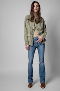 Eagle Jacket Leinen - Women's linen military jacket in khaki with wings embroidered on the back