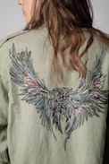 Eagle Jacket Leinen - Women's linen military jacket in khaki with wings embroidered on the back