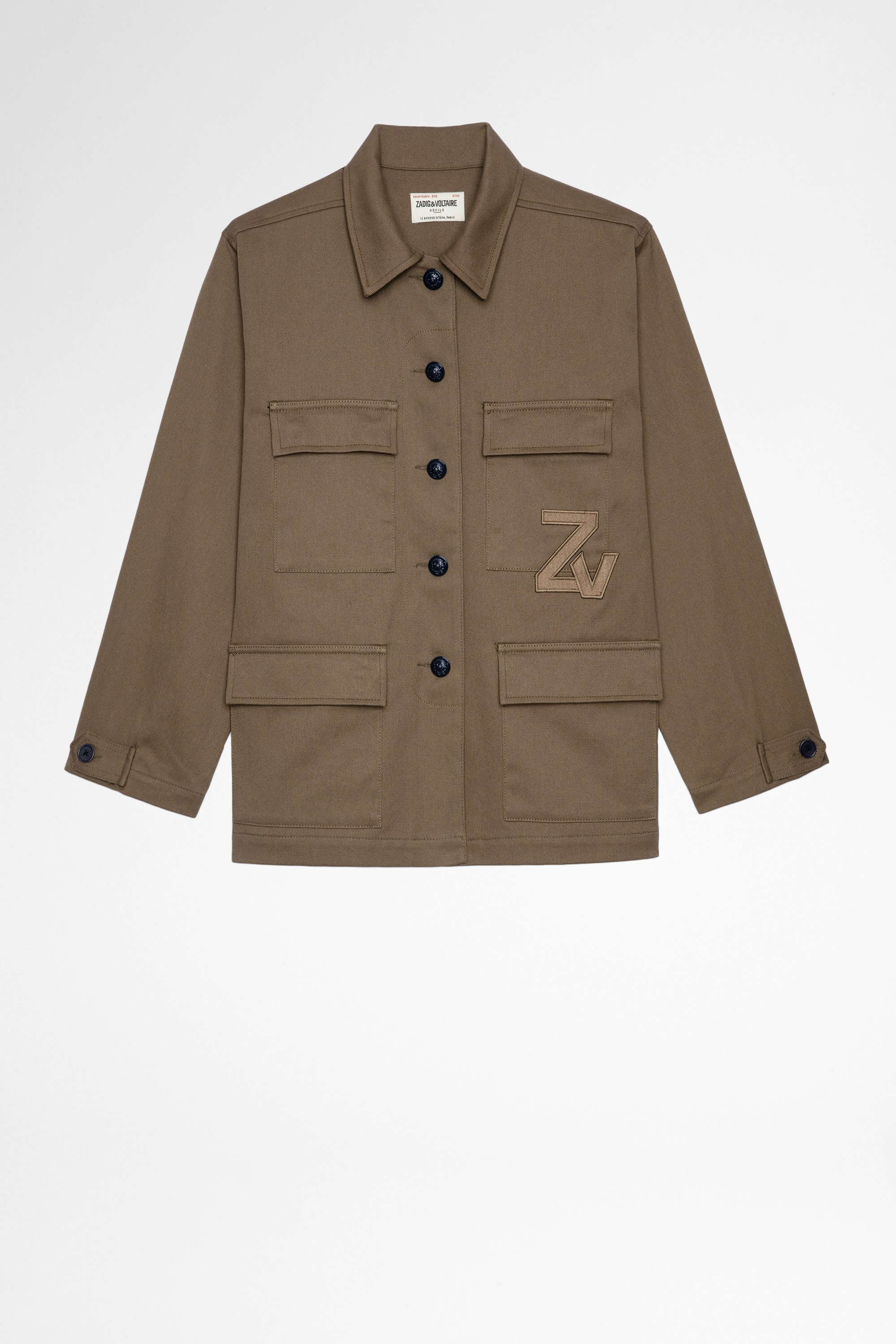 Jacke Kansas Damenjacke aus khakifarbener Baumwolle mit ZV-Patch. Hergestellt mit recycelten Fasern
