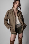 Kansas Jacket - Women's khaki cotton jacket with ZV patch. Made with recycled fibers