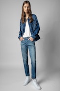 Kase Hearts Denim Jacket - Women’s denim jacket with hearts design on back.