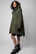 Cappotto Kiwi Canvas - Cappotto oversize in cotone kaki con fodera in pelliccia sintetica donna