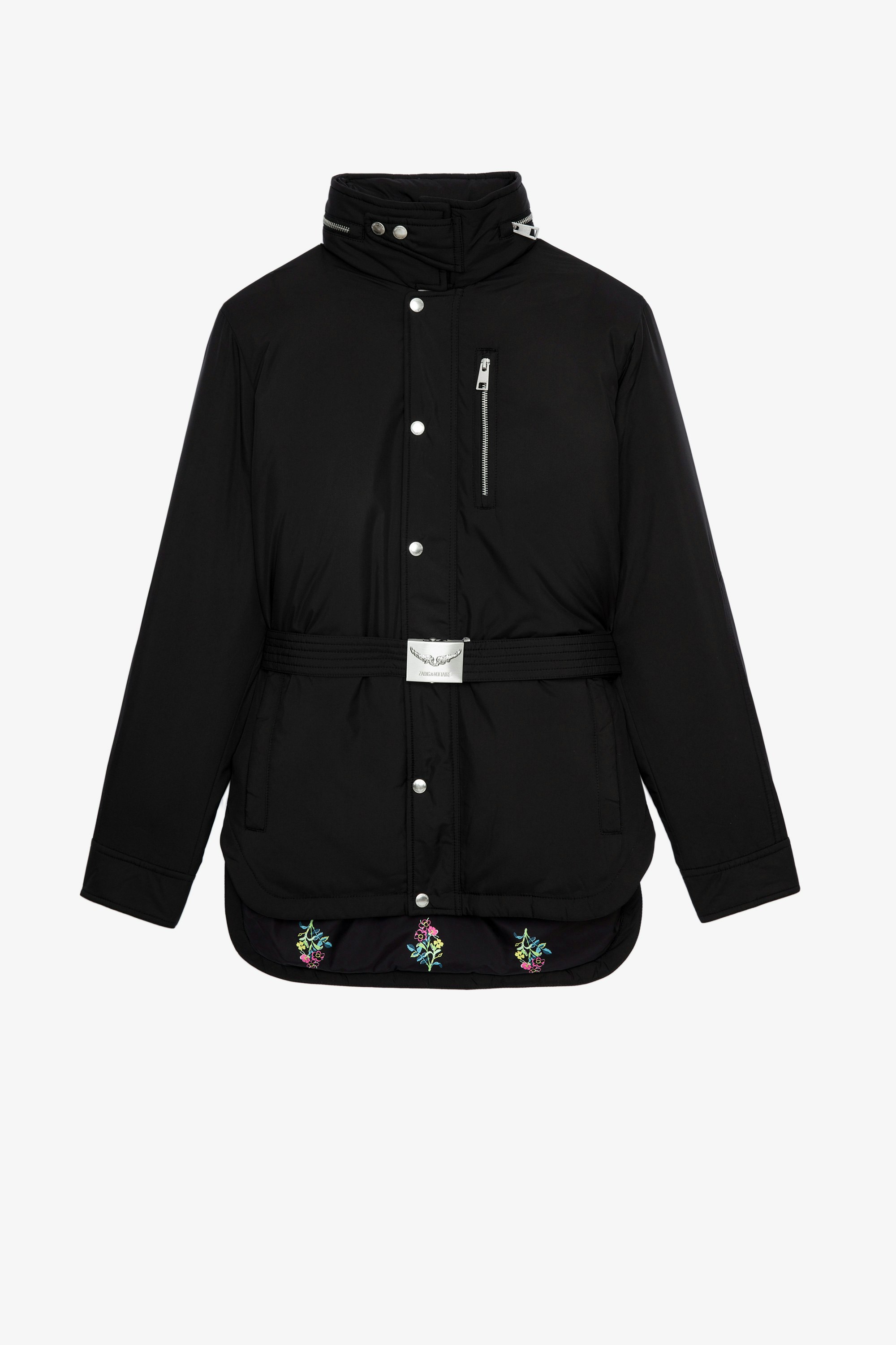 Mantel Kalice Damenmantel aus schwarzem Nylon mit Kapuze und Gürtel mit Schließe