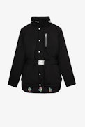Abrigo Kalice - Abrigo de nailon negro con capucha y cinturón de hebilla para mujer