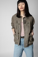 Chaqueta Kid Lino - Chaqueta militar de lino color caqui con estampados de guitarra, florales y mensaje «Art Is Truth» bordado en la espalda Mujer