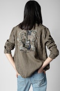 Chaqueta Kid Lino - Chaqueta militar de lino color caqui con estampados de guitarra, florales y mensaje «Art Is Truth» bordado en la espalda Mujer