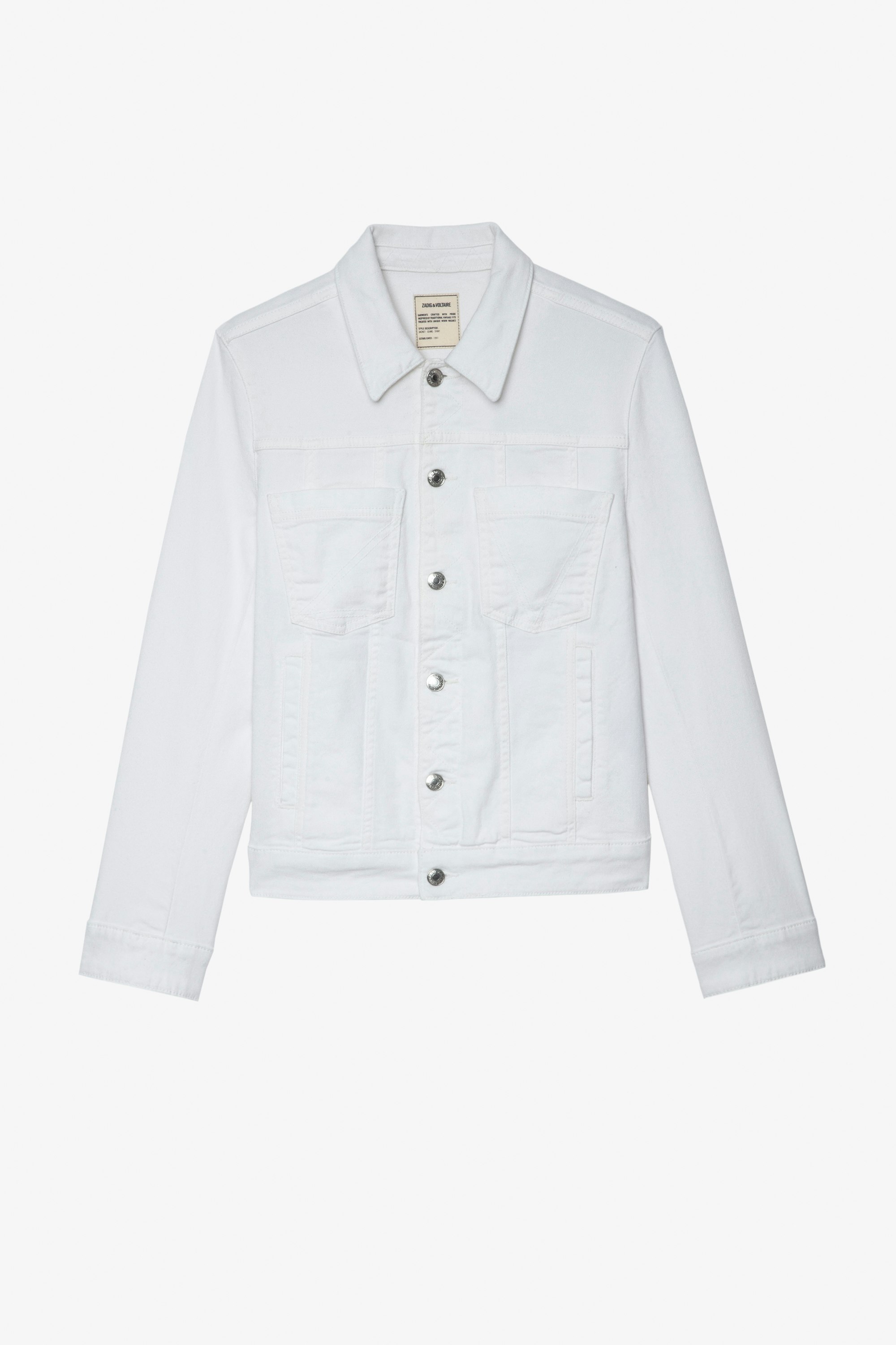 Kiomy Jacket Women's buttoned and zipped off-white denim jacket with "Act For Love" slogan on the back