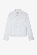 Kiomy Jacket - Women's buttoned and zipped off-white denim jacket with "Act For Love" slogan on the back