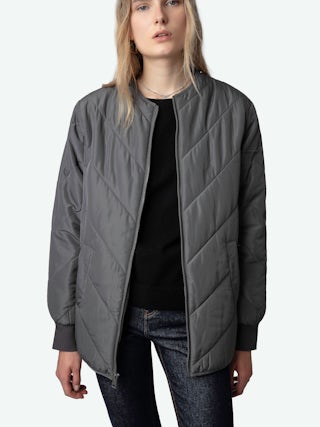 Parka Kidea - Parka mi-longue militaire oversize en coton gris à col fausse fourrure.