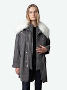 Kidea Parka - Women’s oversized military midi parka in grey cotton with faux fur collar.