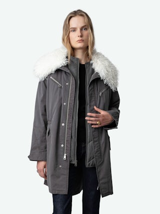 Parka Kidea - Parka mi-longue militaire oversize en coton gris à col fausse fourrure.