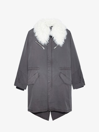 Parka Kidea - Parka mi-longue militaire oversize en coton gris à col fausse fourrure.