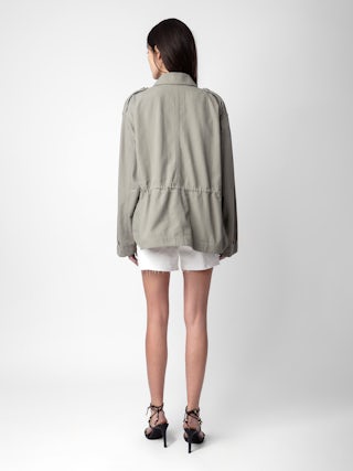 Veste Kemi - Parka militaire courte oversize kaki à poches et broderie University.