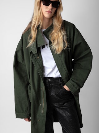 Parka Kadri - Parka mi-longue en coton kaki inspiration militaire zippée à boutons pression et col montant à protection amovible.